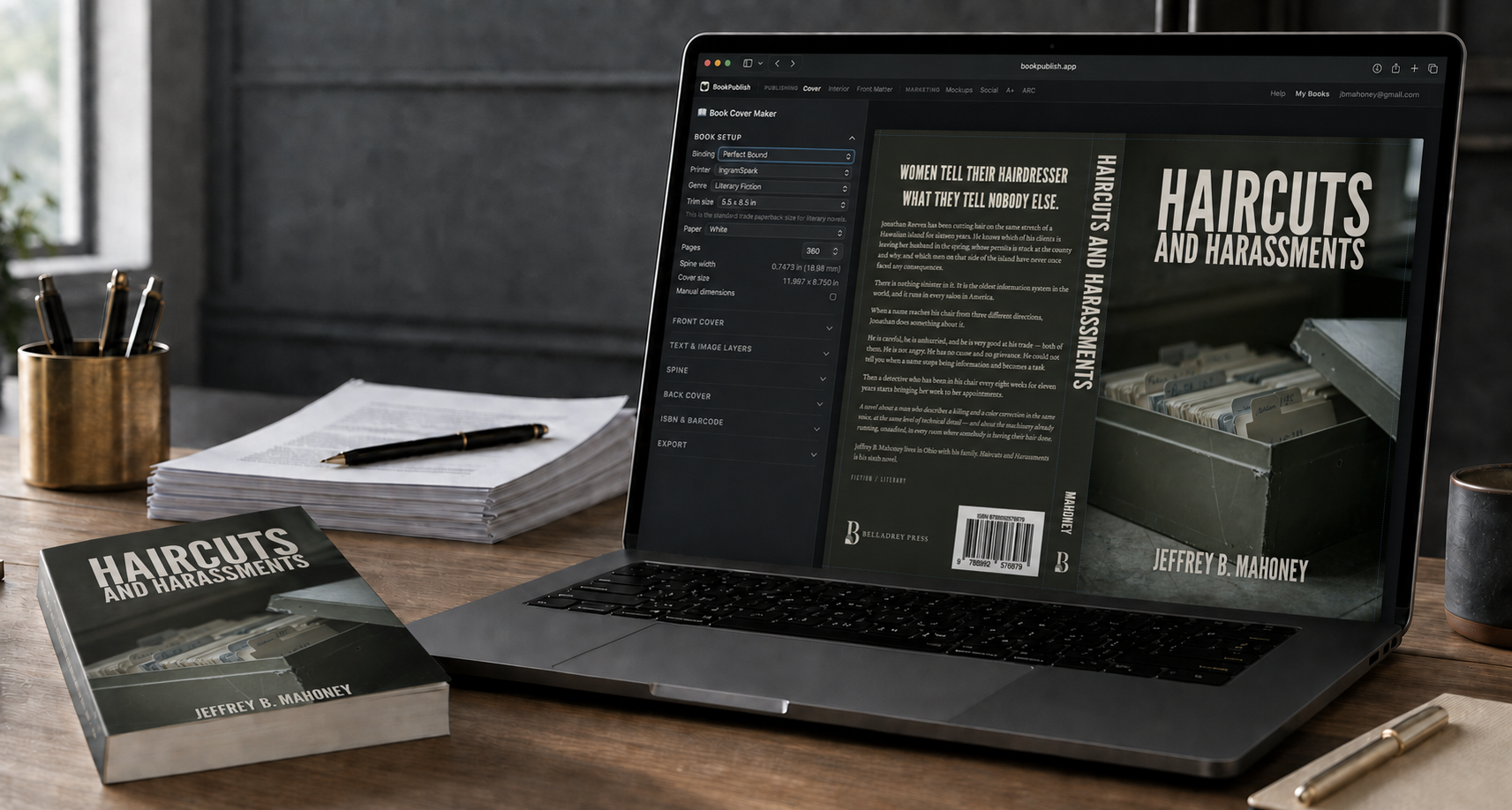 A publishing workspace showing a print book cover wrap editor beside a proof copy and manuscript.